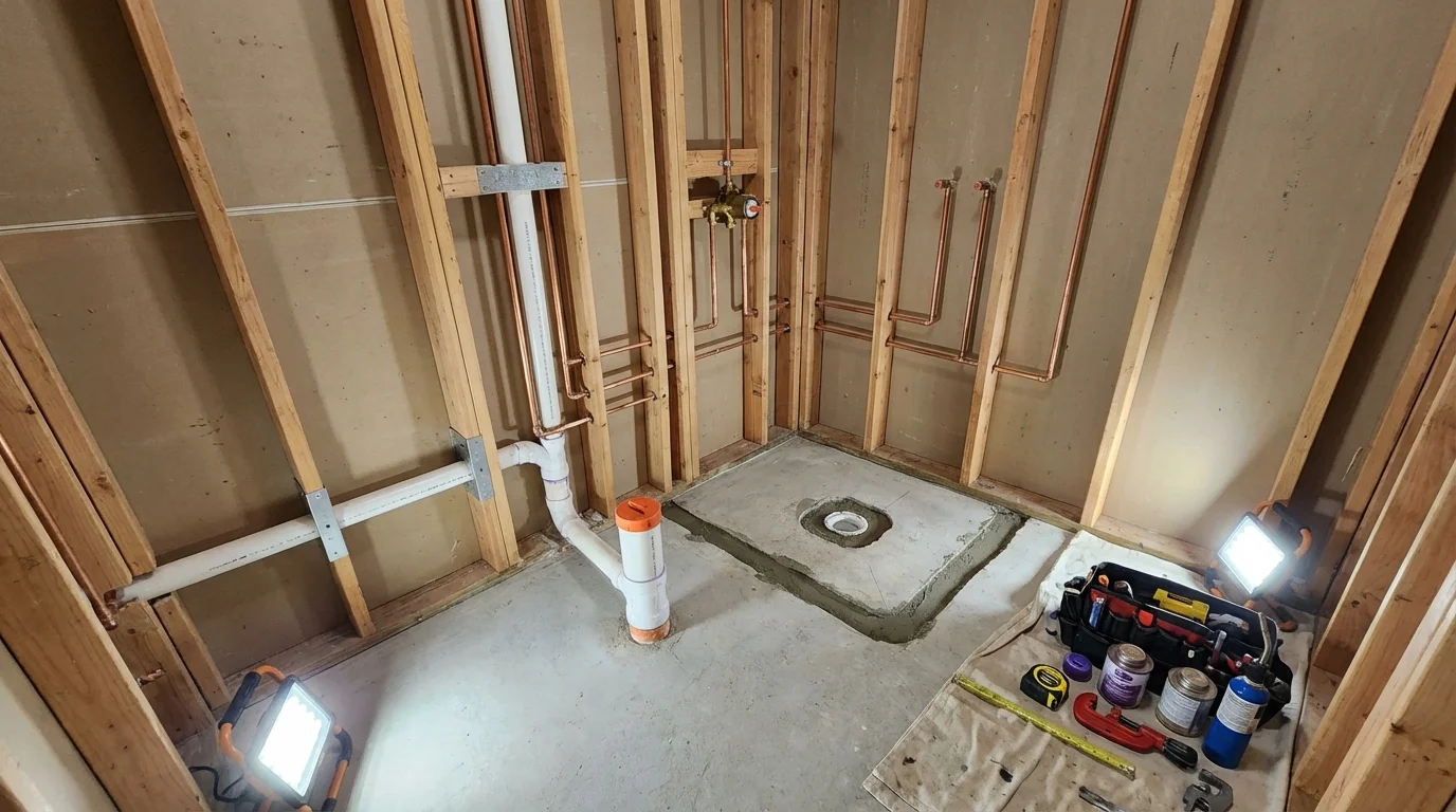 Bathroom rough-in plumbing during remodel by Johns Plumbing LLC in Grantsville