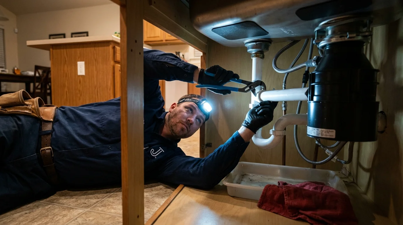 P-trap and supply line connections under a kitchen sink showing a common leak point in Grantsville, UT